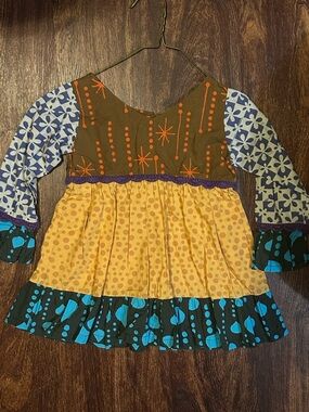 Girls' Long Sleeve Mixed-Print Casual Dress in Mustard, Brown & Teal